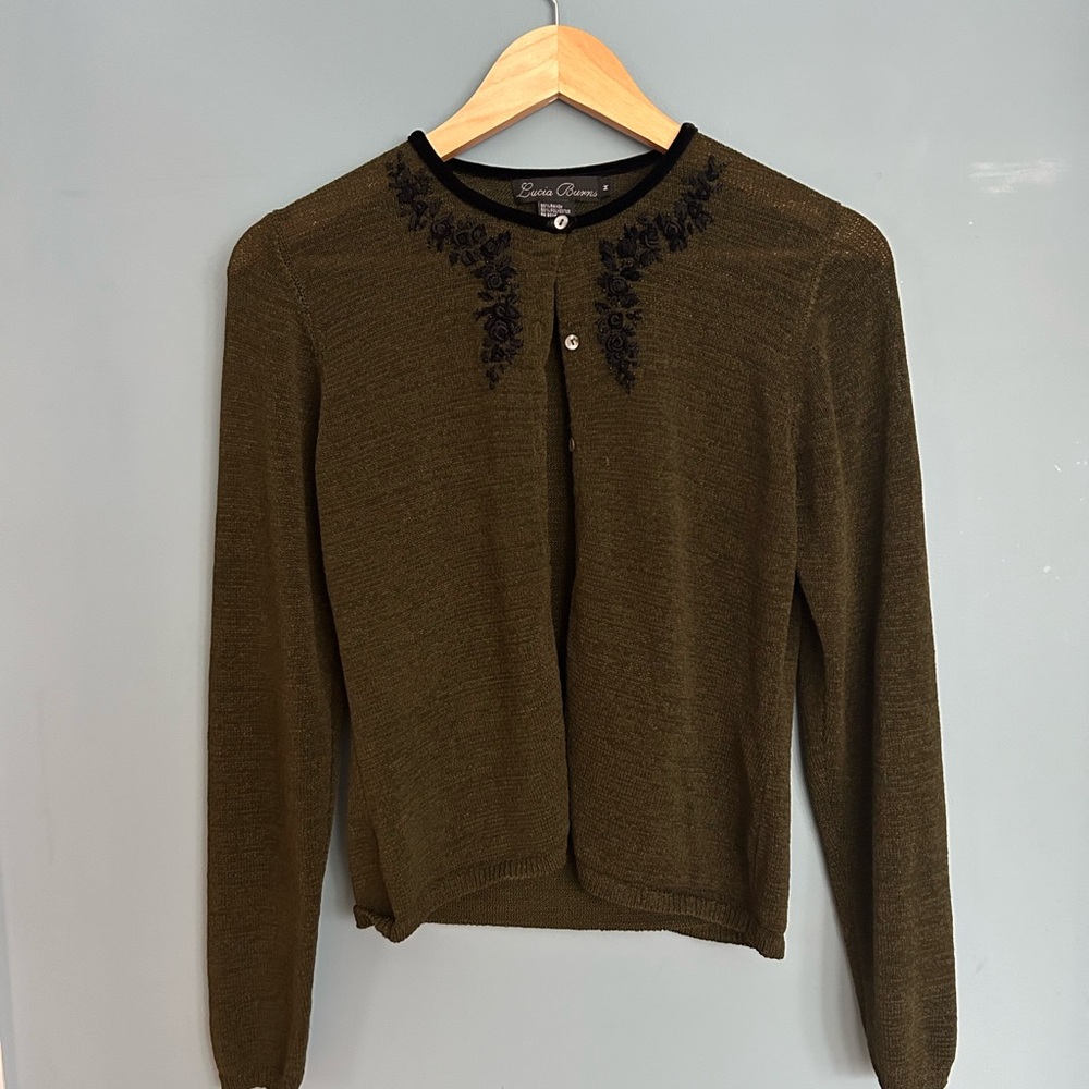 Lucia Burns Olive Cardigan with Black Embroidery
